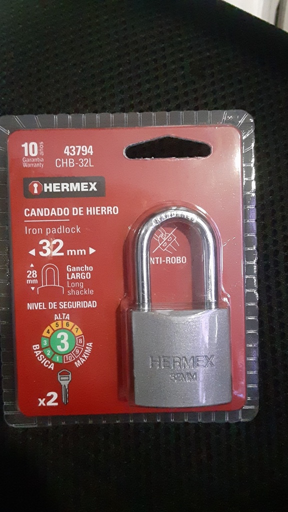 CANDADO D/HIERRO HERMEX COELLO LARGO 32MM 43794