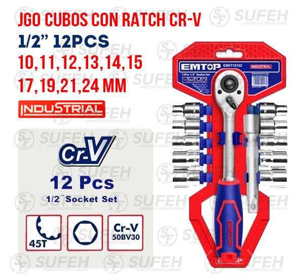 EMTOP JUEGO CUBOS C/RATCH 1/2" 12PCS CR-V INDUS. BTH-3182 ESKT12122