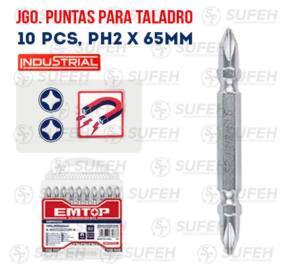 EMTOP JGO PUNTAS P/TALADRO INDUS. 10PCS PH2+PH2X65MM BTH-3067 ESBTPH2233