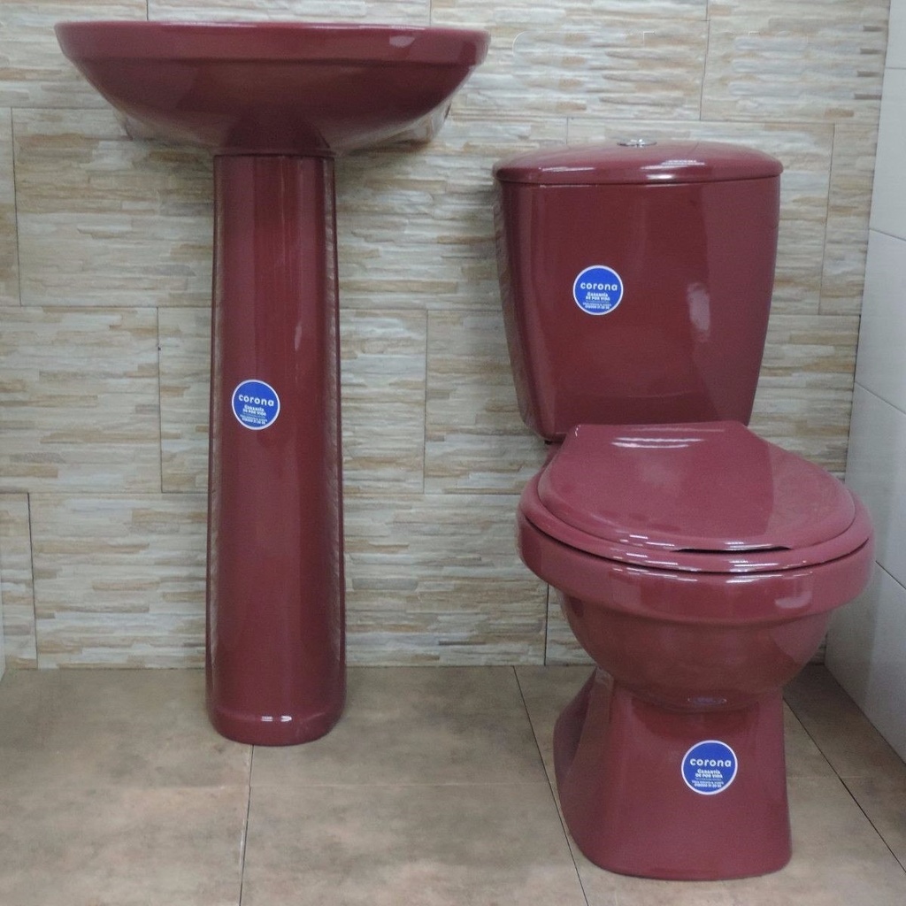 COMBO SANITARIO PUSH ROJO VINO/LAVAMANOS CON PEDESTAL/LLAVE SENCILLA LENOX 