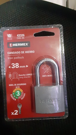 [43326] CANDADO D/HIERRO HERMEX 38 MM COELLO LARGO 43326