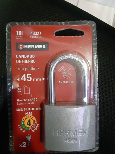 [43327] CANDADO D/HIERRO HERMEX 45 MM COELLO LARGO 43327