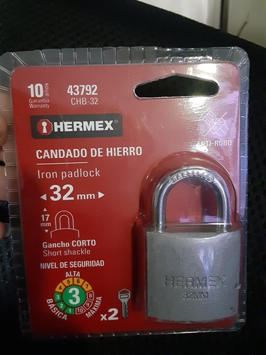 [43792] CANDADO D/HIERRO HERMEX BLISTER 32MM 43792