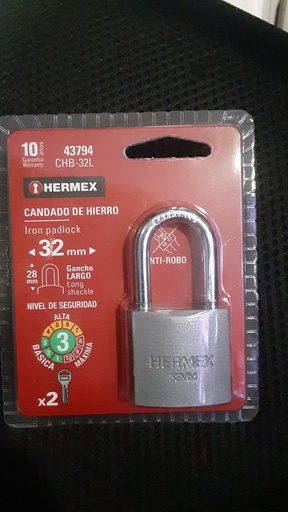 [43794] CANDADO D/HIERRO HERMEX COELLO LARGO 32MM 43794