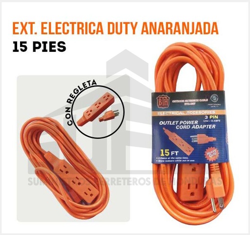 [4006] EXTENSION ELECTRICA  BTH 15FT NARANJA C/REGLETA 4006