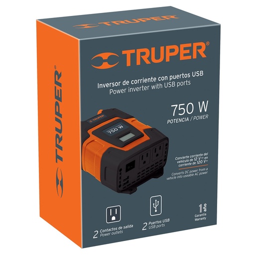 [10490] INVERSOR DE CORRIENTE TRUPER 750 W C/PUERTOS ACERO USB