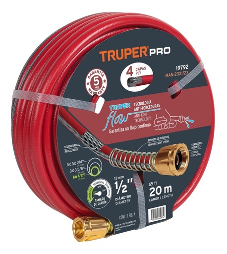 [19792] MANGUERA PARA JARDIN 1/2 20M REFORZADA TRUPER ROJA 19792