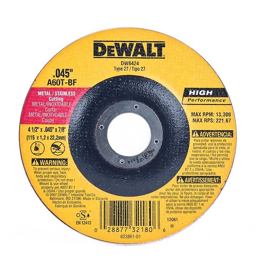 [DW8424] DISCO P/CORTE DE METAL DEWALT 4-1/2" DW8424