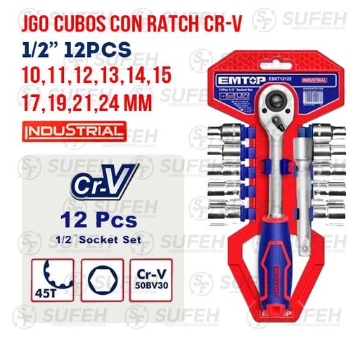 [BTH-3182 ESKT12122] EMTOP JUEGO CUBOS C/RATCH 1/2" 12PCS CR-V INDUS. BTH-3182 ESKT12122