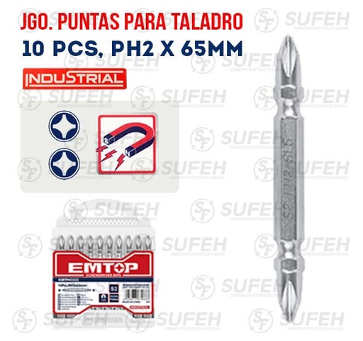 [BTH-3067 ESBTPH2233] EMTOP JGO PUNTAS P/TALADRO INDUS. 10PCS PH2+PH2X65MM BTH-3067 ESBTPH2233