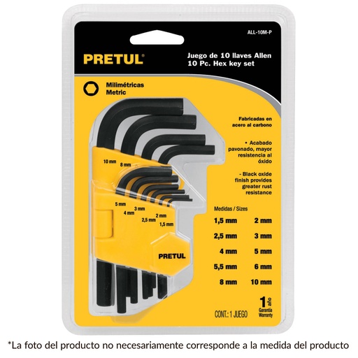 [21854]  LLAVE ALLEN JUEGO DE 10PCS PRETUL